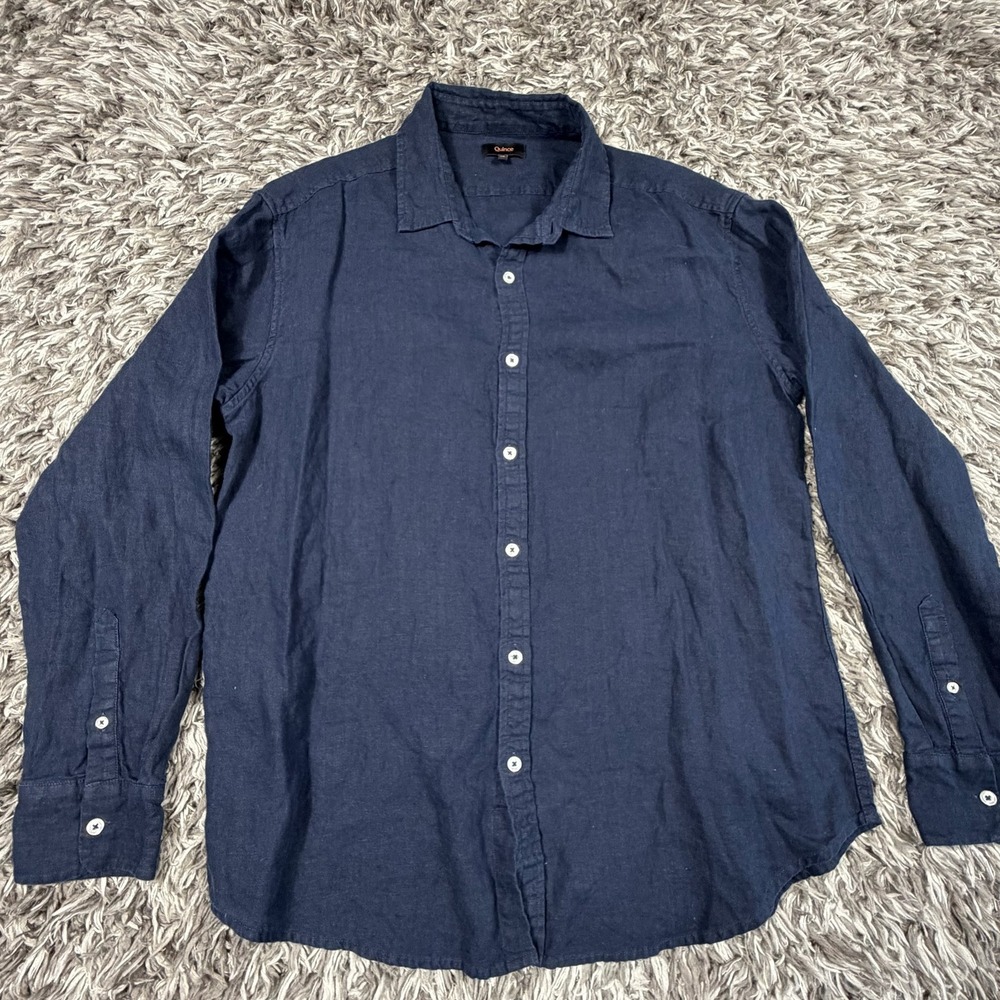 Quince Mens XL 100% European Linen Button Down Shirt Navy Blue Long Sleeve 3167